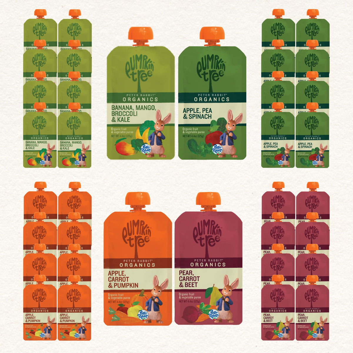 Pumpkin Tree Peter Rabbit Organics, Banana, Mango, and Kale, 4 Squeeze Pouch, Mango, Broccoli & Kale, 4.4 Ounce (Pack of 10)