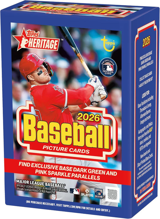 2026 Topps Heritage Baseball Series 64 Card Value Box Featuring Blaster Exclusive Dark Green and Pink Sparkle Parallel Cards Plus a Chance for Relics and Autographs
