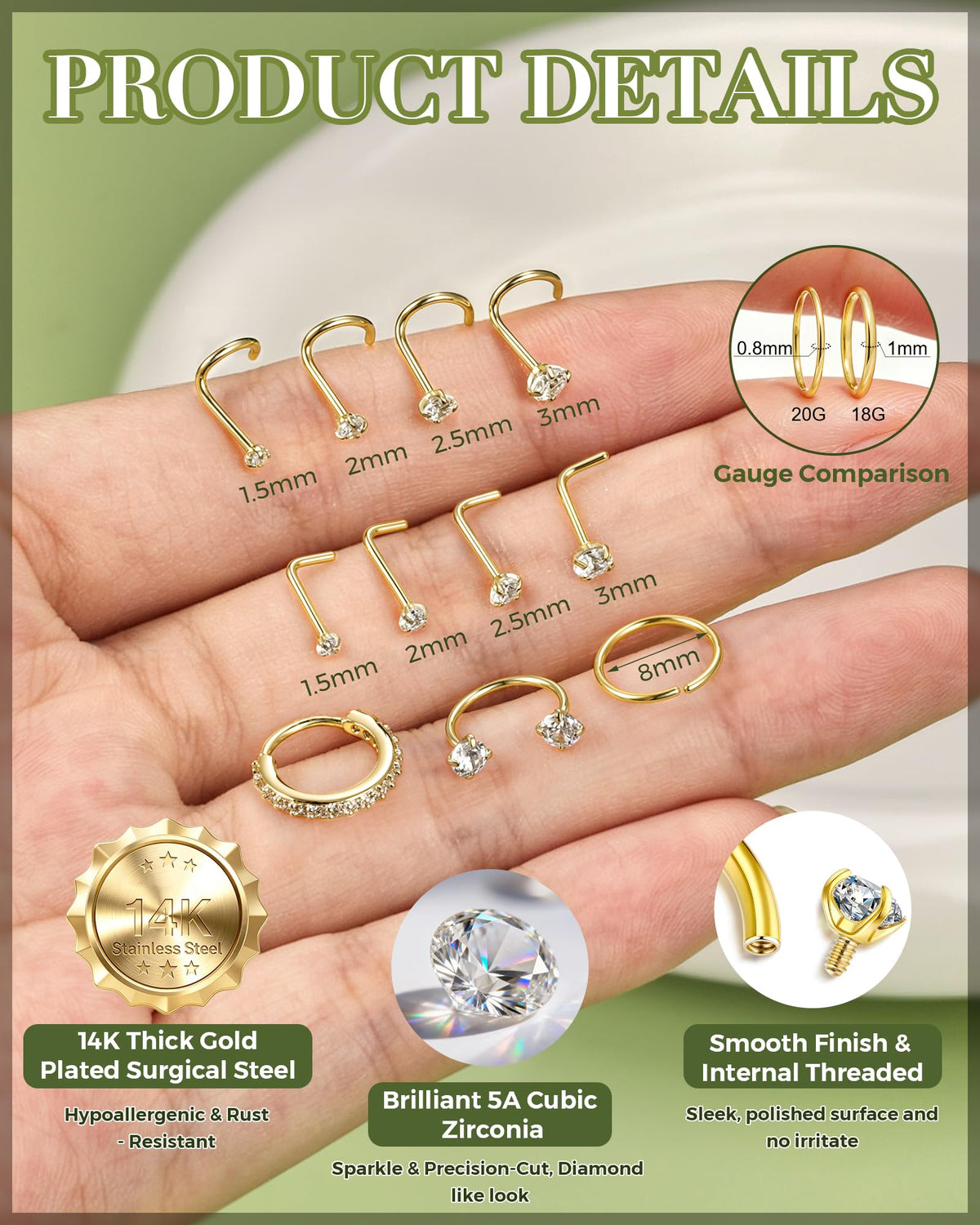 Horseshoe Nose Ring Studs Gold Silver Nose Piercing Jewelry for Women Men