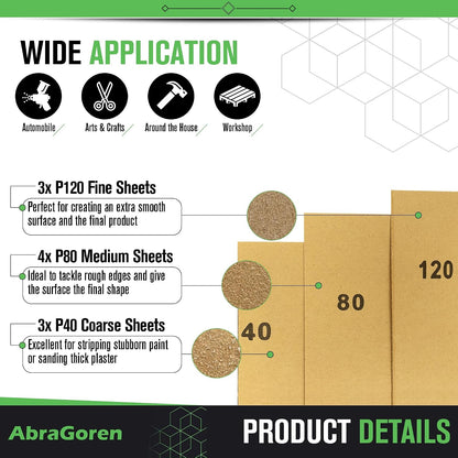 Pack of 10 Sand Paper Sheets - Mixed Grits, 3x Fine, 4x Medium, 3x Coarse - Assorted Sandpaper for Wood and Walls (Premium)