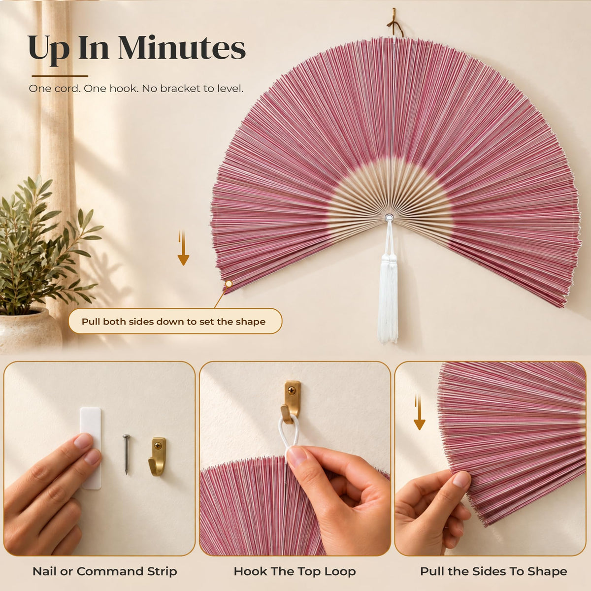 ChumDecor Bamboo Fan Wall Decor, Japanese Wall Fan, Red Brown 40 in