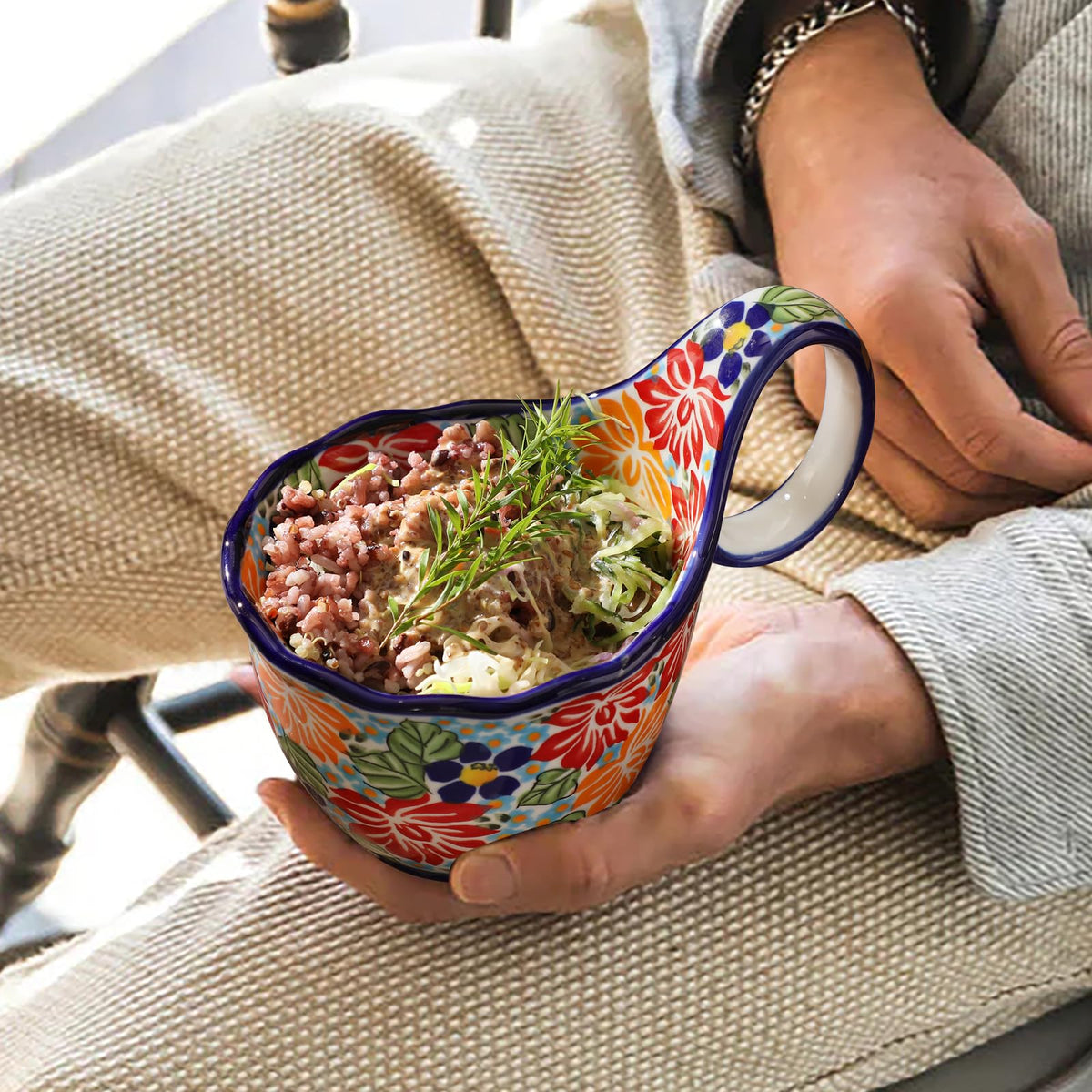 ALMA Handpainted Soup Bowl with Large Loop Handle,Easier Secure Grip