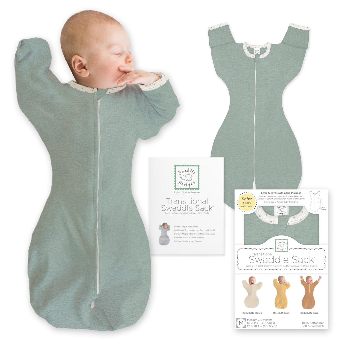SwaddleDesigns Transitional Swaddle Sack, Cotton, Heathered Gray, 6-9mo