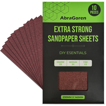 Pack of 10 Sand Paper Sheets - Mixed Grits, 3x Fine, 4x Medium, 3x Coarse - Assorted Sandpaper for Wood and Walls (Premium)