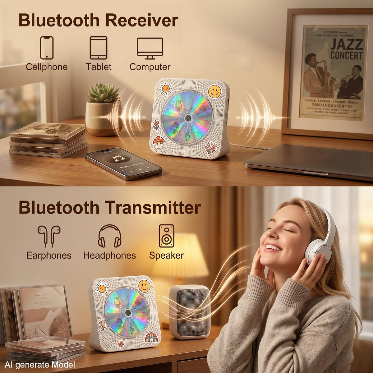 Gueray CD Player Portable Bluetooth Desktop CD Player for Home (Black)