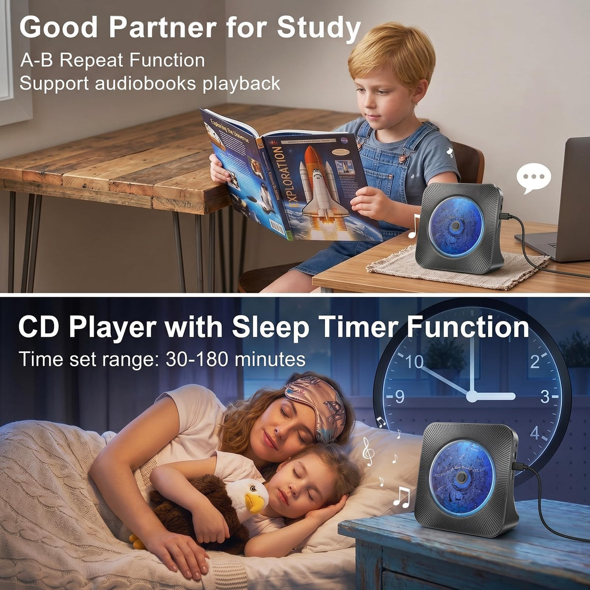 Gueray CD Player Portable Bluetooth Desktop CD Player for Home (Black)