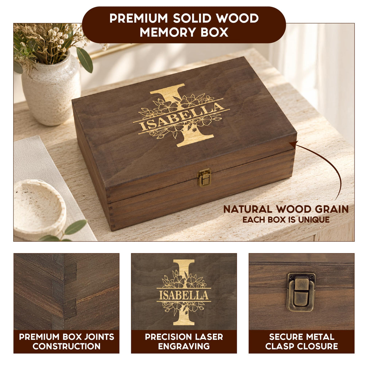 Personalized Wooden Keepsake Box, Custom Engraved Memory Box with Lid