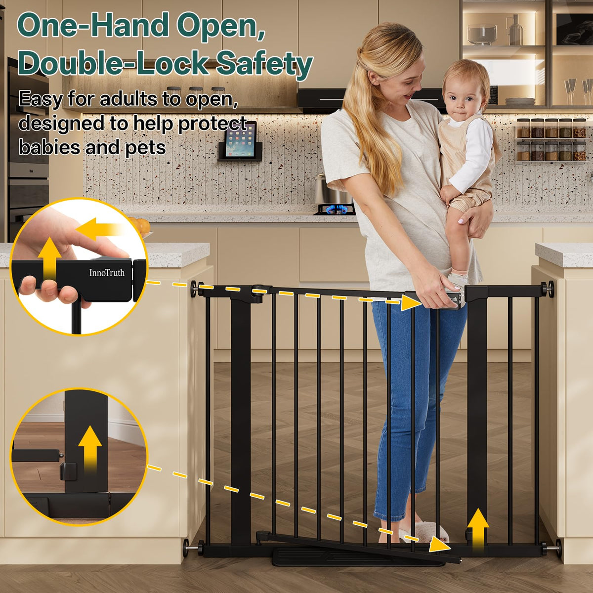 InnoTruth 27-36.6 in Wide Baby Gate for Stairs and Doorways, Black