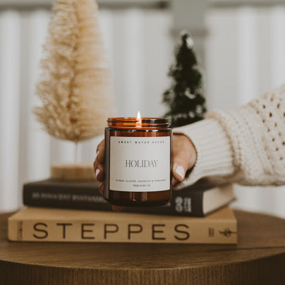 Sweet Water Decor Fraser Fir Candle, 9oz Amber Glass Jar, Winter Scent