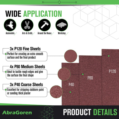 Pack of 10 Sand Paper Sheets - Mixed Grits, 3x Fine, 4x Medium, 3x Coarse - Assorted Sandpaper for Wood and Walls (Premium)