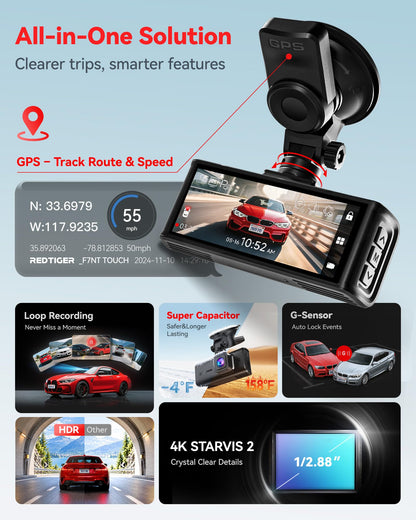 REDTIGER 4K STARVIS 2 Dashcam Front Rear, 5GHz WiFi 20MB/s, Free 128GB Card