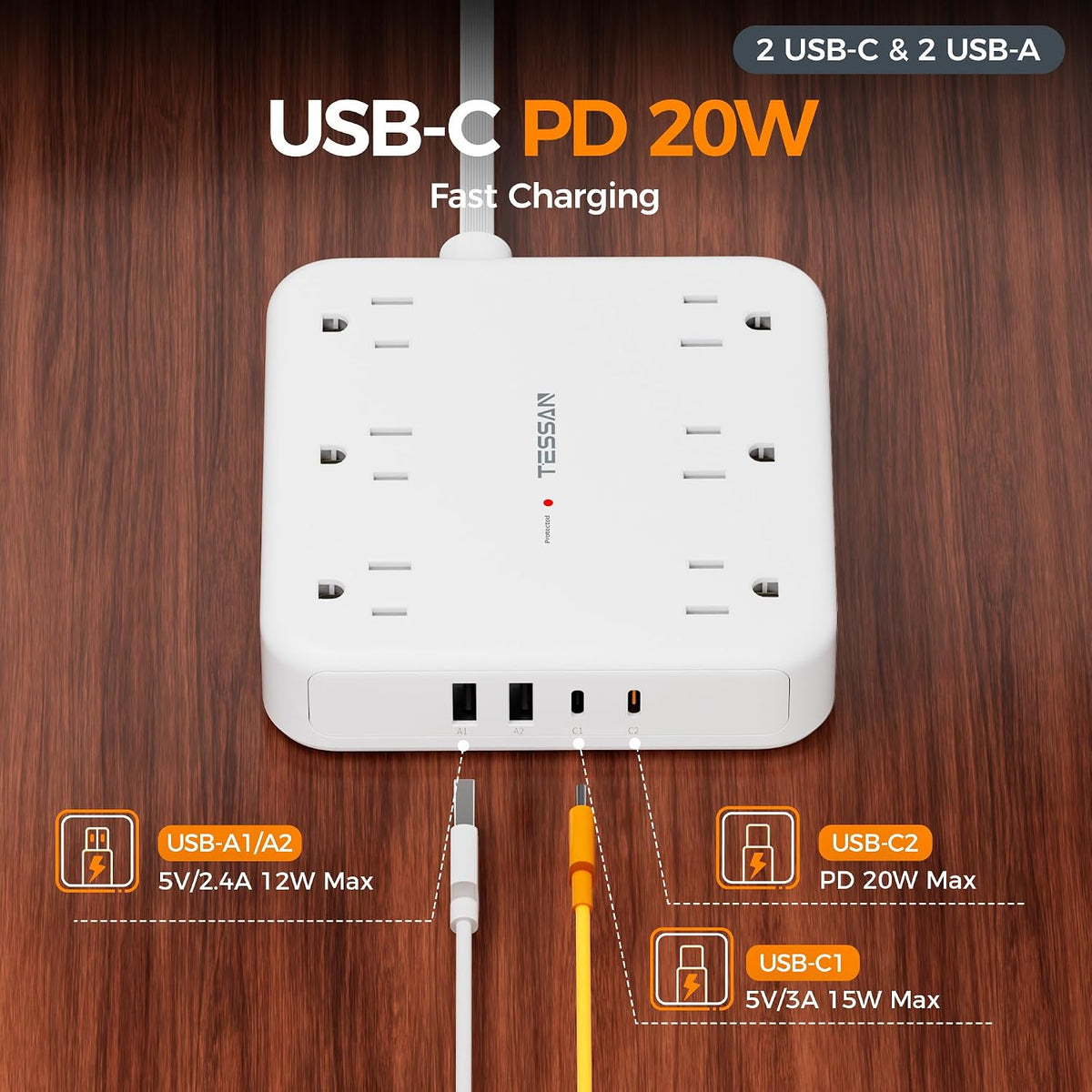 TESSAN Surge Protector Power Strip, 5Ft Flat Plug Extension Cord, White