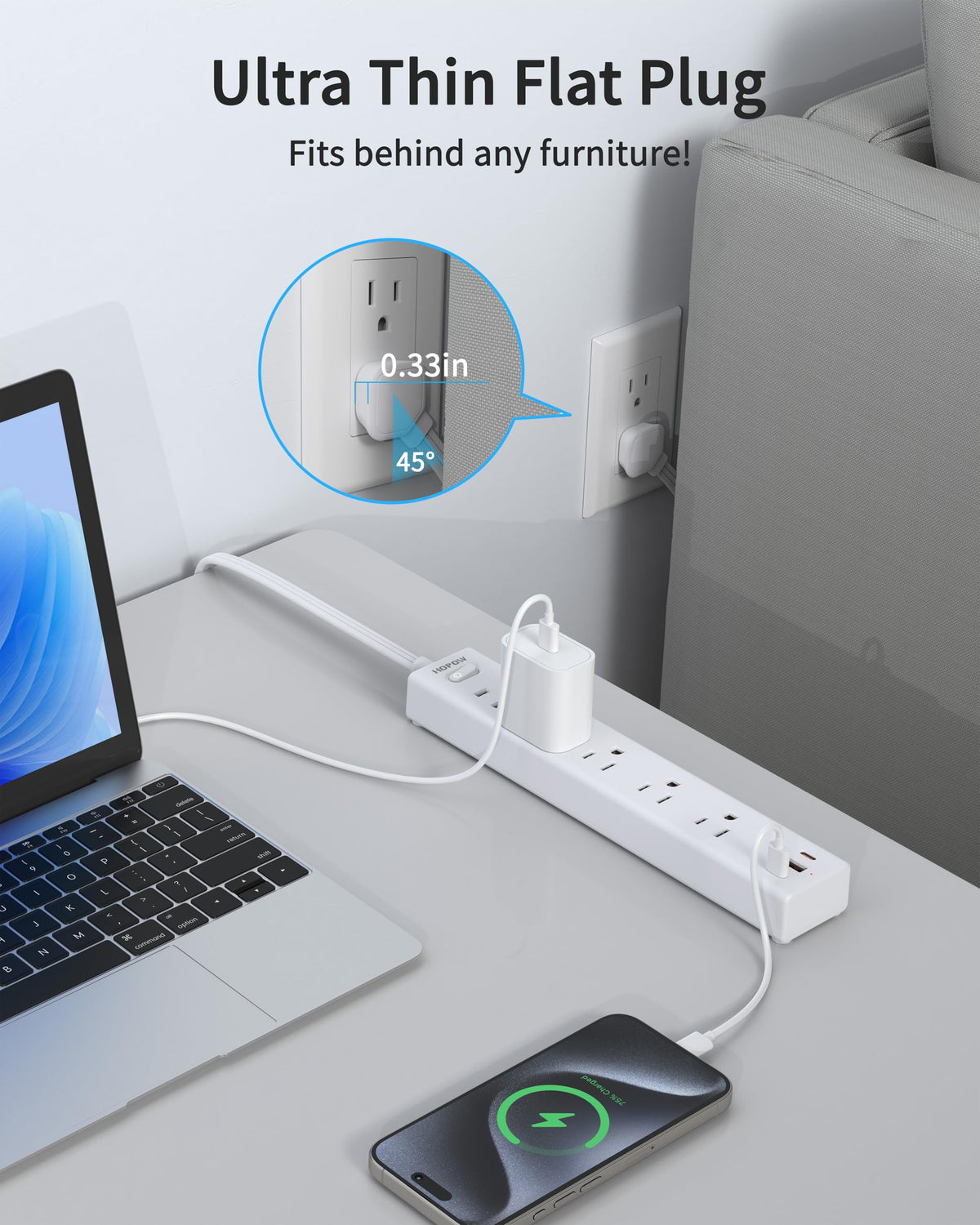 5 Outlets 2 Prong Power Strip with 3USB, 6FT Extension Cord for Old House
