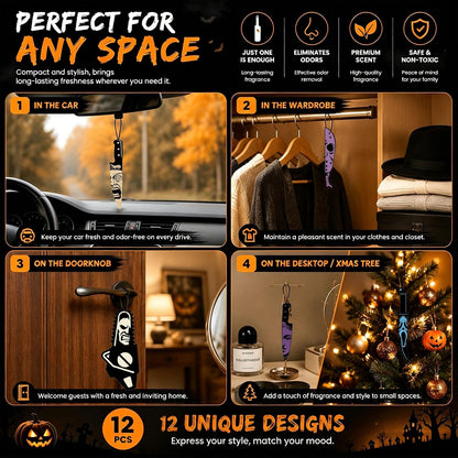 Horror Car Air Fresheners 12-Pack, Scary Movie Hanging Decorations for Rearview Mirror, Novelty Knife & Chainsaw Design Freshies, Halloween Car Accessories Gift Set (12knife)