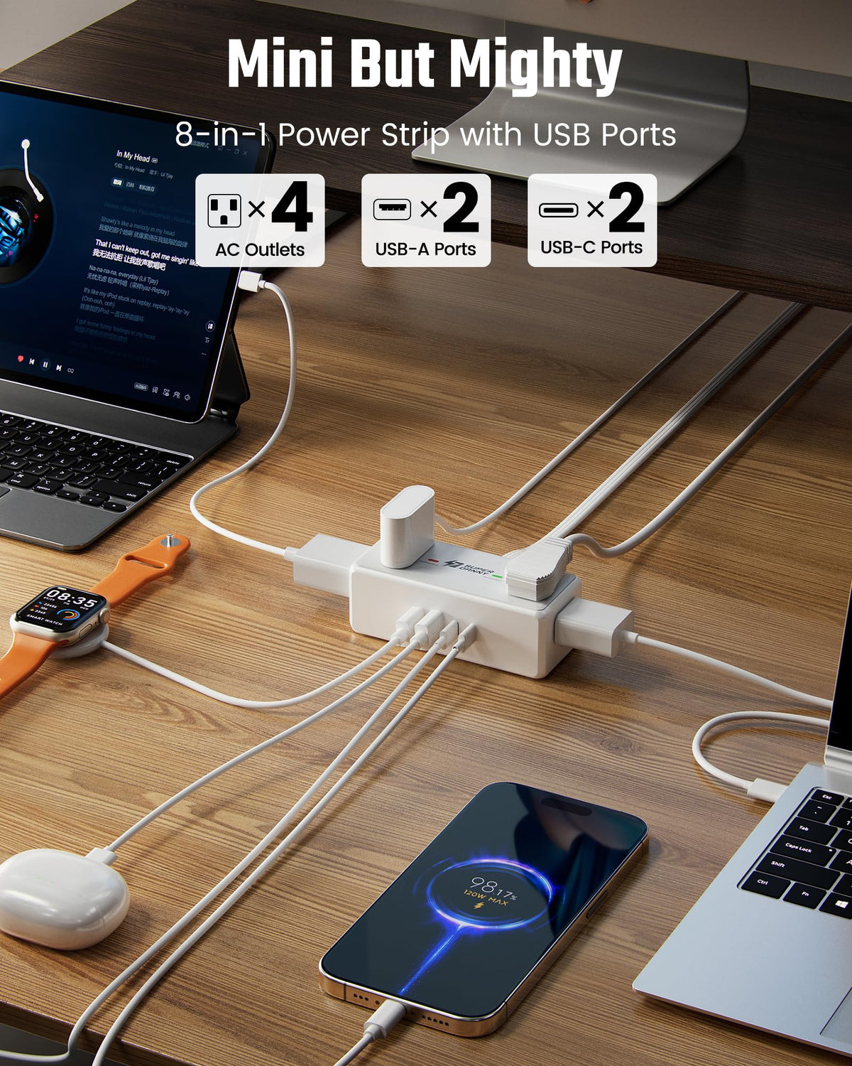 10Ft Long Extension Cord, SUPERDANNY Flat Plug Surge Protector Power Strip