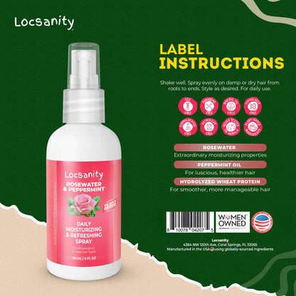 Loc Spray - Locsanity Daily Moisturizing Rosewater & Peppermint Spray for Locs, Dreadlocks - Lightweight Frizz Control Hair & Scalp Moisturizer - Natural Loc Care (8 fl oz)
