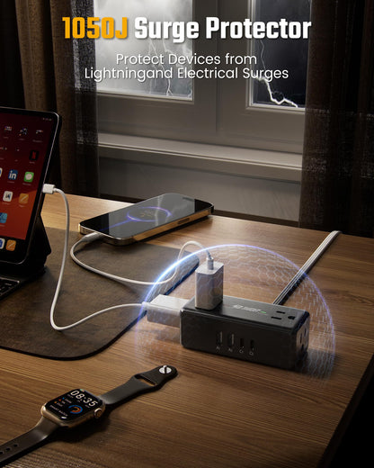 10Ft Long Extension Cord, SUPERDANNY Flat Plug Surge Protector Power Strip