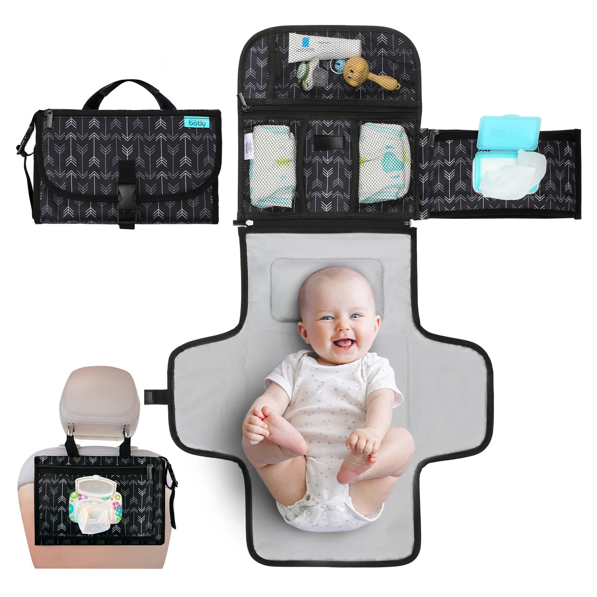 Kopi Baby Portable Diaper Changing Pad, Wipes Pocket, Classic Black Arrows
