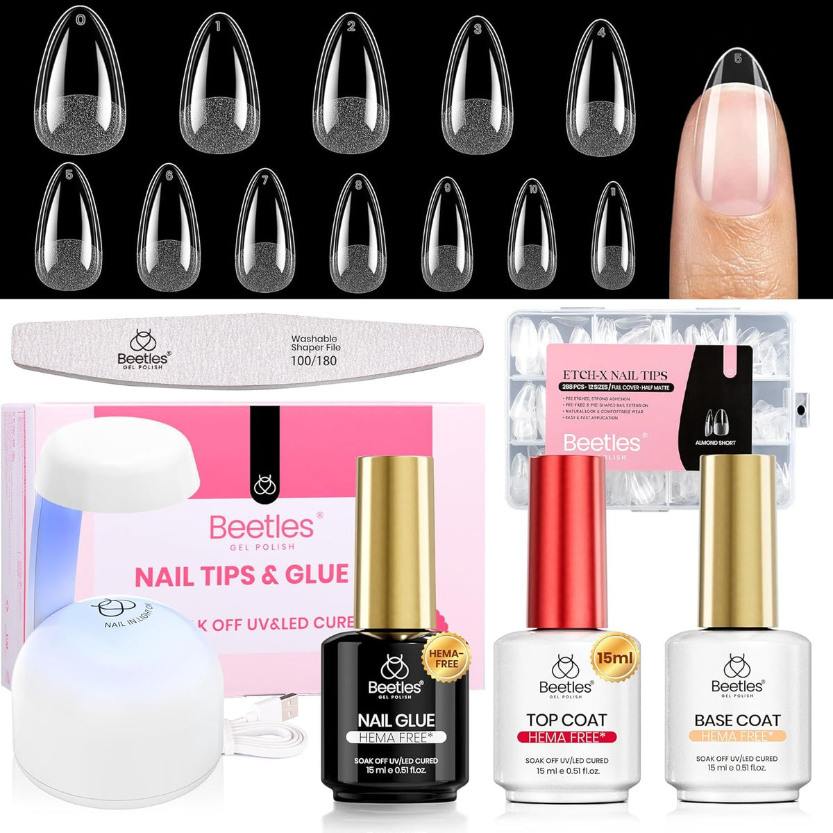 Beetles Soft Gel Nail Kit Almond Short 288pcs 12 Sizes Nail Tips with Glue