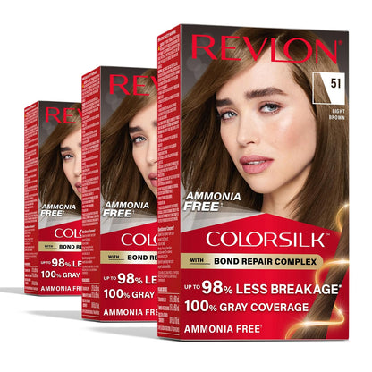 Revlon ColorSilk with Bond Repair Hair Color, 51 Light Brown, 3pk