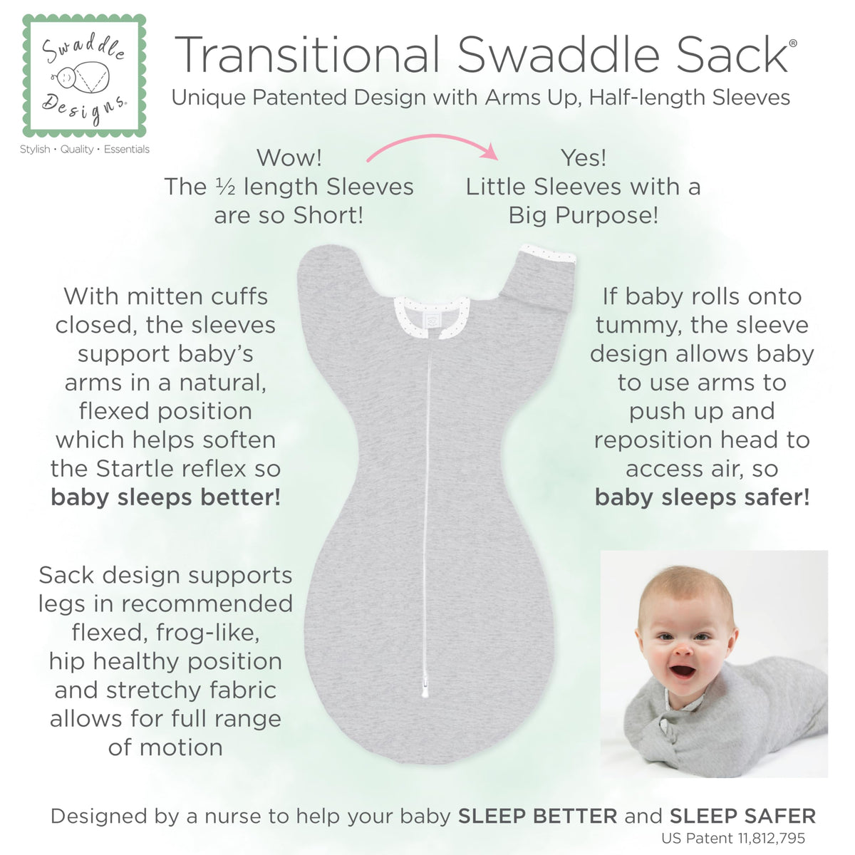 SwaddleDesigns Transitional Swaddle Sack, Cotton, Heathered Gray, 6-9mo