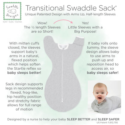 SwaddleDesigns Transitional Swaddle Sack, Cotton, Heathered Gray, 6-9mo