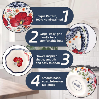 ALMA Handpainted Soup Bowl with Large Loop Handle,Easier Secure Grip