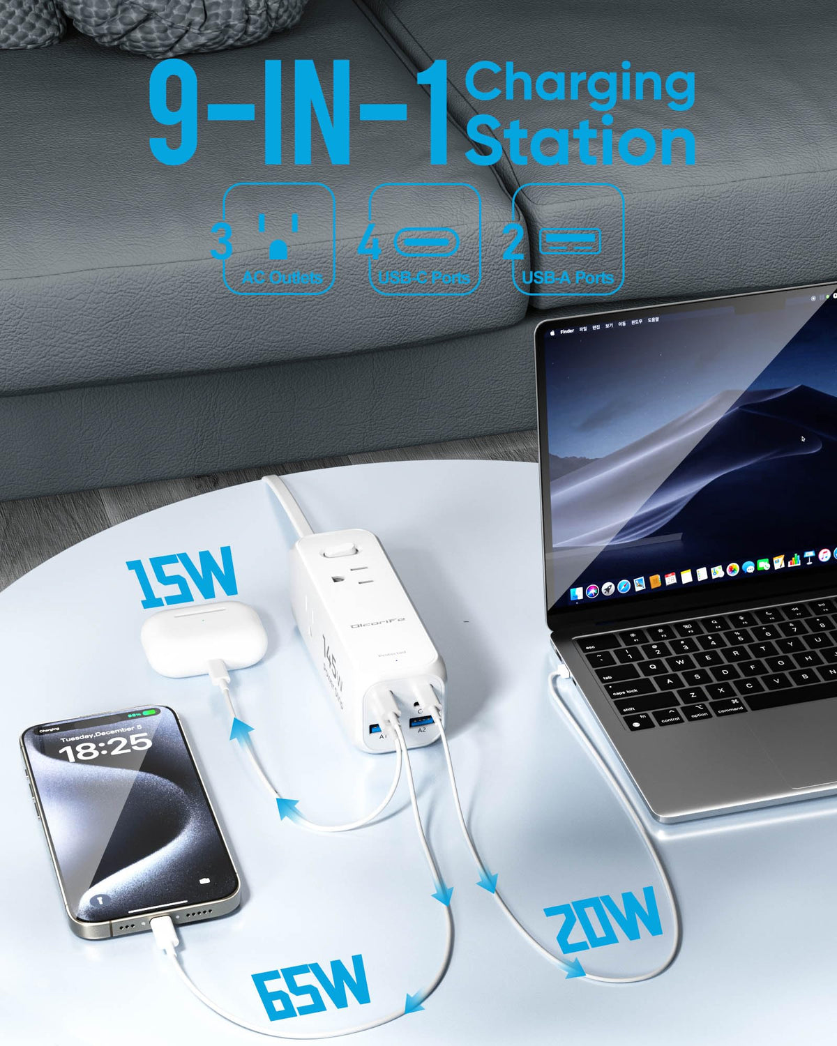 Flat Plug Power Strip with 10 FT Extension Cord, 6 Outlets 3 USB Ports(1 USB C), 3 Sided Outlet Extender for Home Office Travel Dorm Room Essentials, White