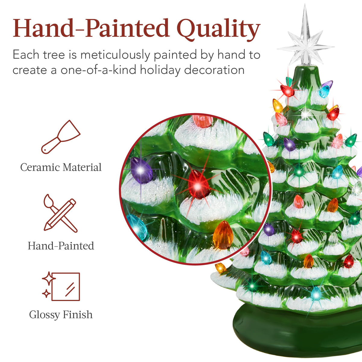 Best Choice Products 15in Ceramic Christmas Tree, Pre-lit Hand-Painted Tabletop Holiday Tree, Star Topper, 64 Lights - Green w/Multicolored Bulbs