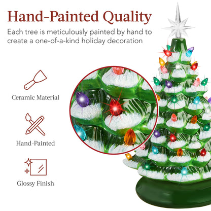 Best Choice Products 15in Ceramic Christmas Tree, Pre-lit Hand-Painted Tabletop Holiday Tree, Star Topper, 64 Lights - Green w/Multicolored Bulbs