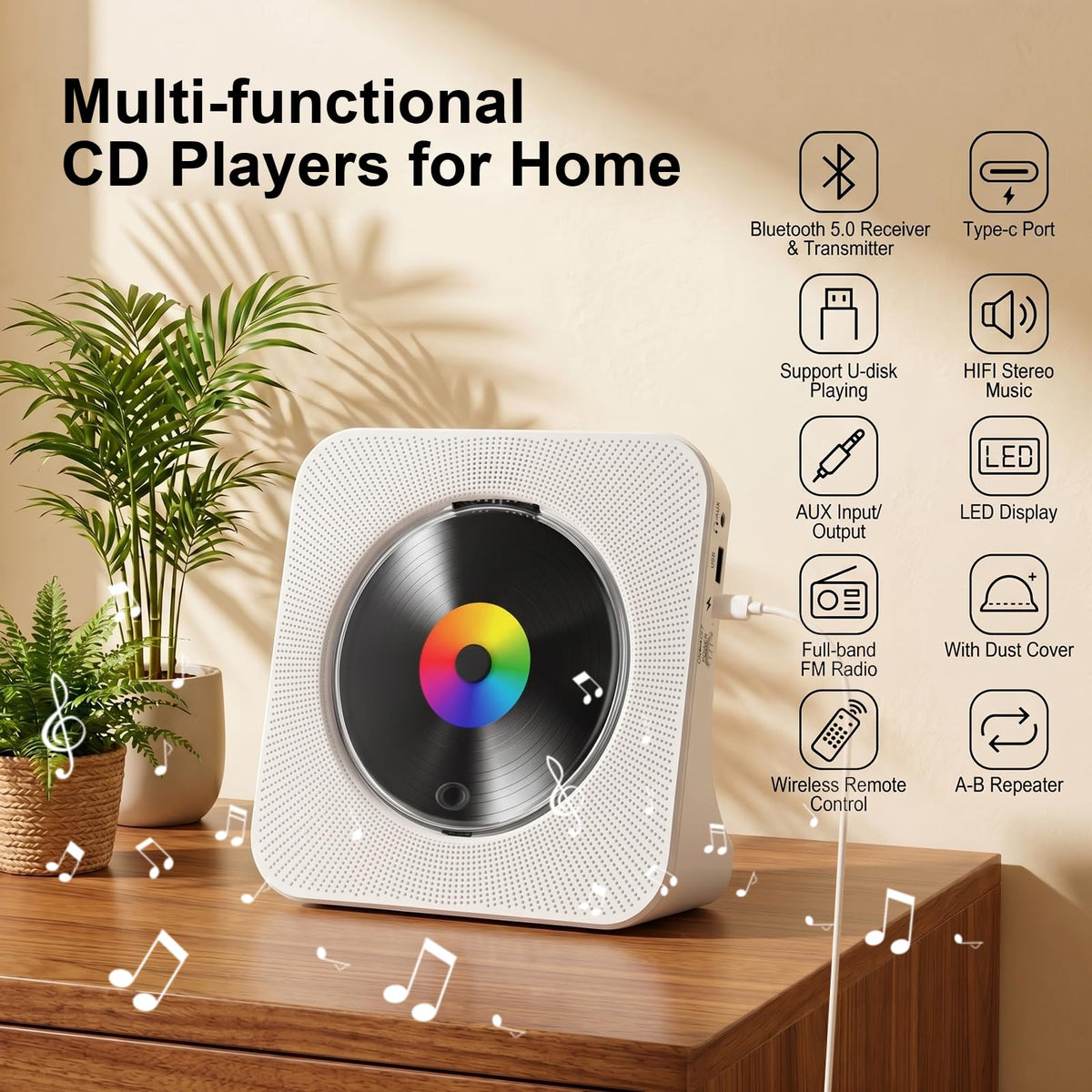 Gueray CD Player Portable Bluetooth Desktop CD Player for Home (Black)