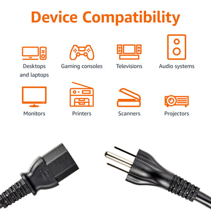Amazon Basics Replacement Power Cord for Computer, Monitor, TV, Printer, PC, 3 Prong, 18 AWG, 125 Volts, 10 Feet, Black