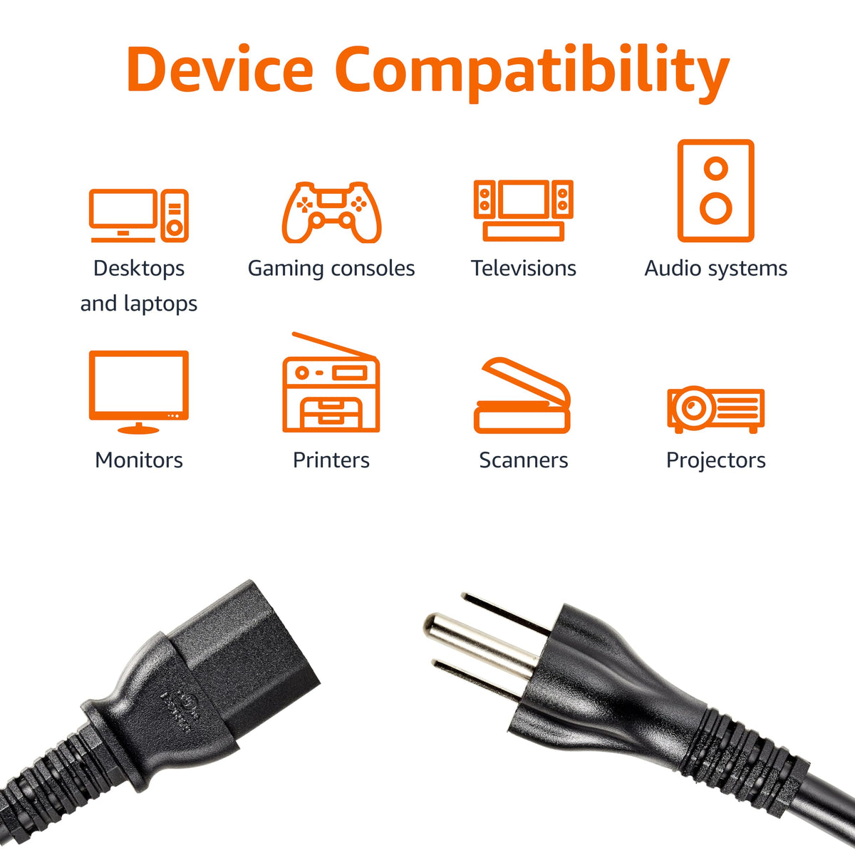 Amazon Basics Replacement Power Cord for Computer, Monitor, TV, Printer, PC, 3 Prong, 18 AWG, 125 Volts, 10 Feet, Black