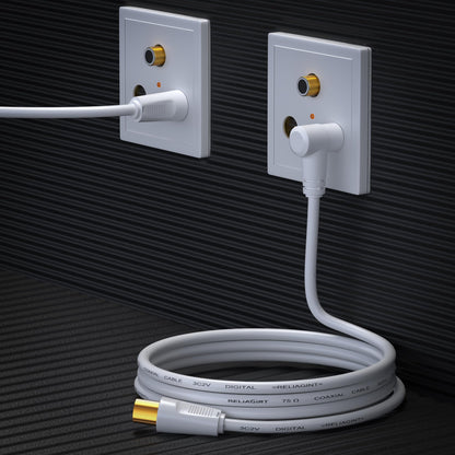 TV Aerial Cable 0.5m, 75 Ohm Coaxial Lead, IEC 9.5mm Male to Male 3C2V Pure Copper Dual Shielded, Right-Angle Connector, Female to Female Adaptor Included, Black
