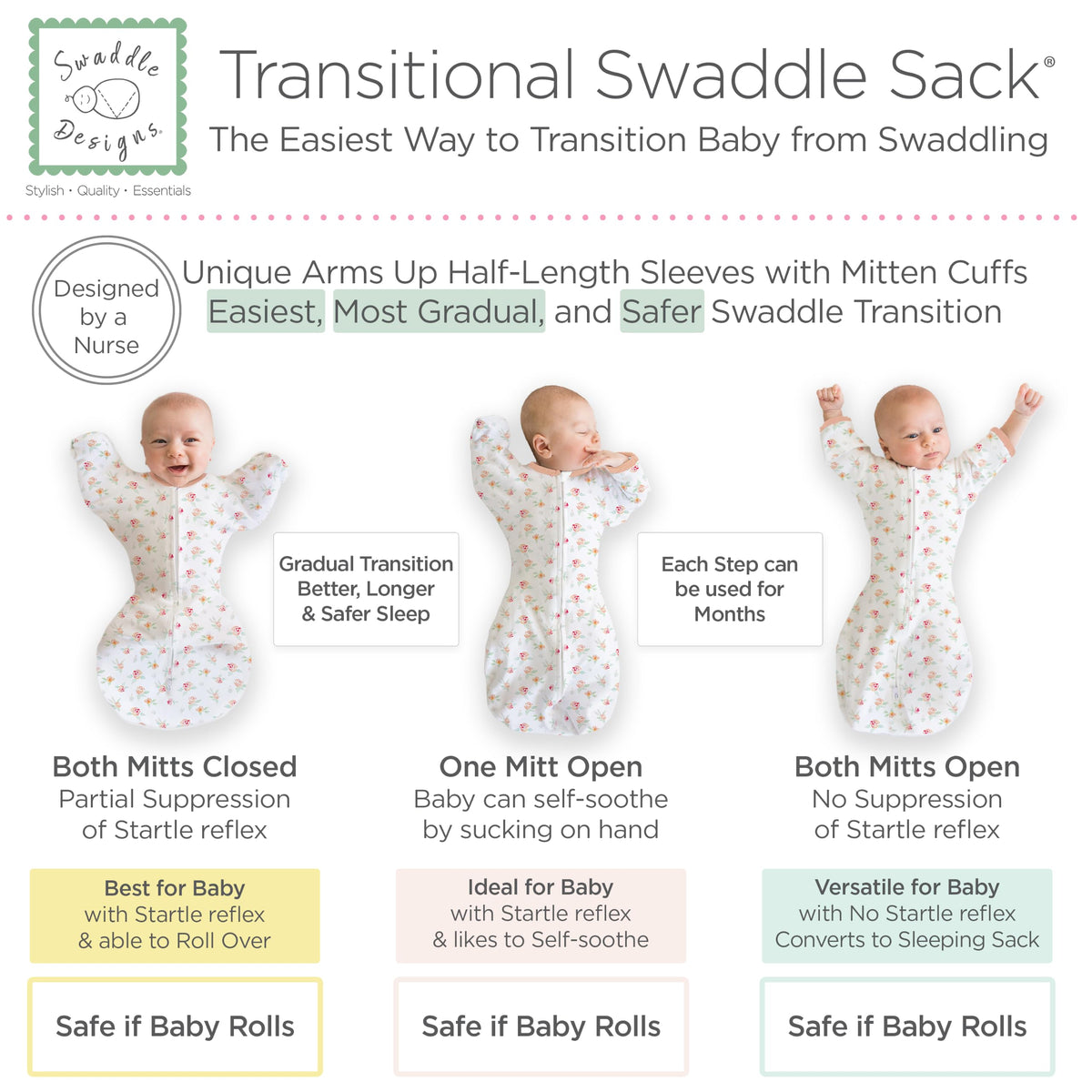 SwaddleDesigns Transitional Swaddle Sack, Cotton, Heathered Gray, 6-9mo
