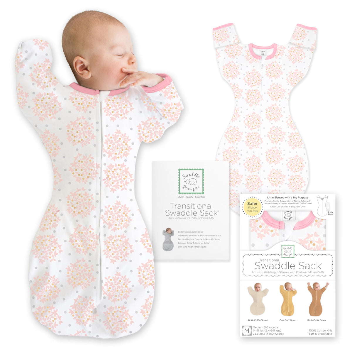 SwaddleDesigns Transitional Swaddle Sack, Cotton, Heathered Gray, 6-9mo