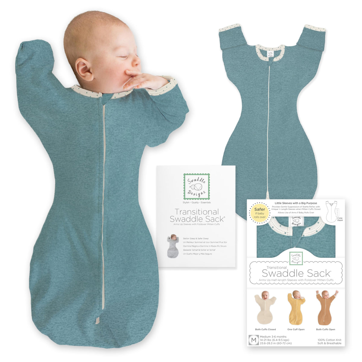 SwaddleDesigns Transitional Swaddle Sack, Cotton, Heathered Gray, 6-9mo