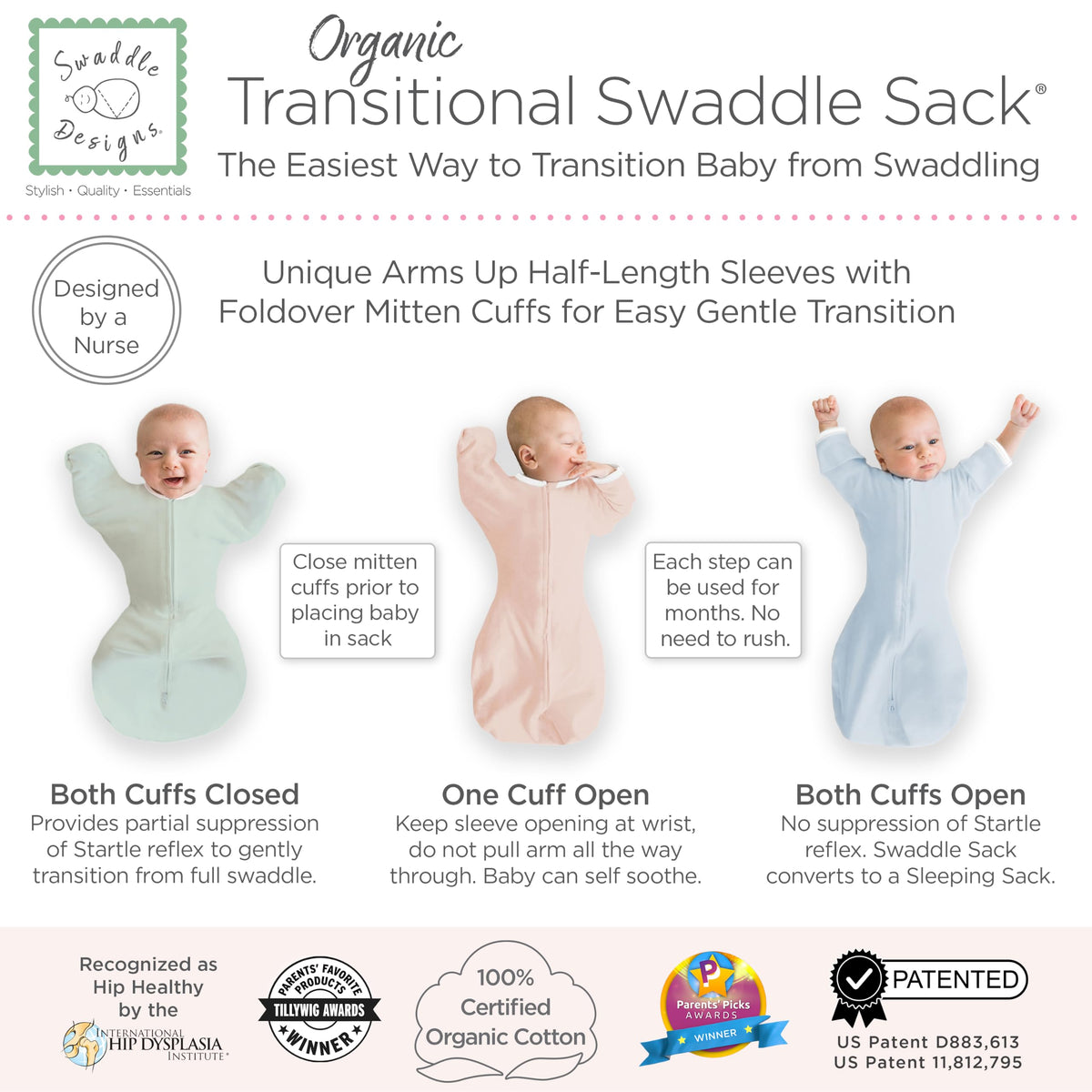 SwaddleDesigns Transitional Swaddle Sack, Cotton, Heathered Gray, 6-9mo