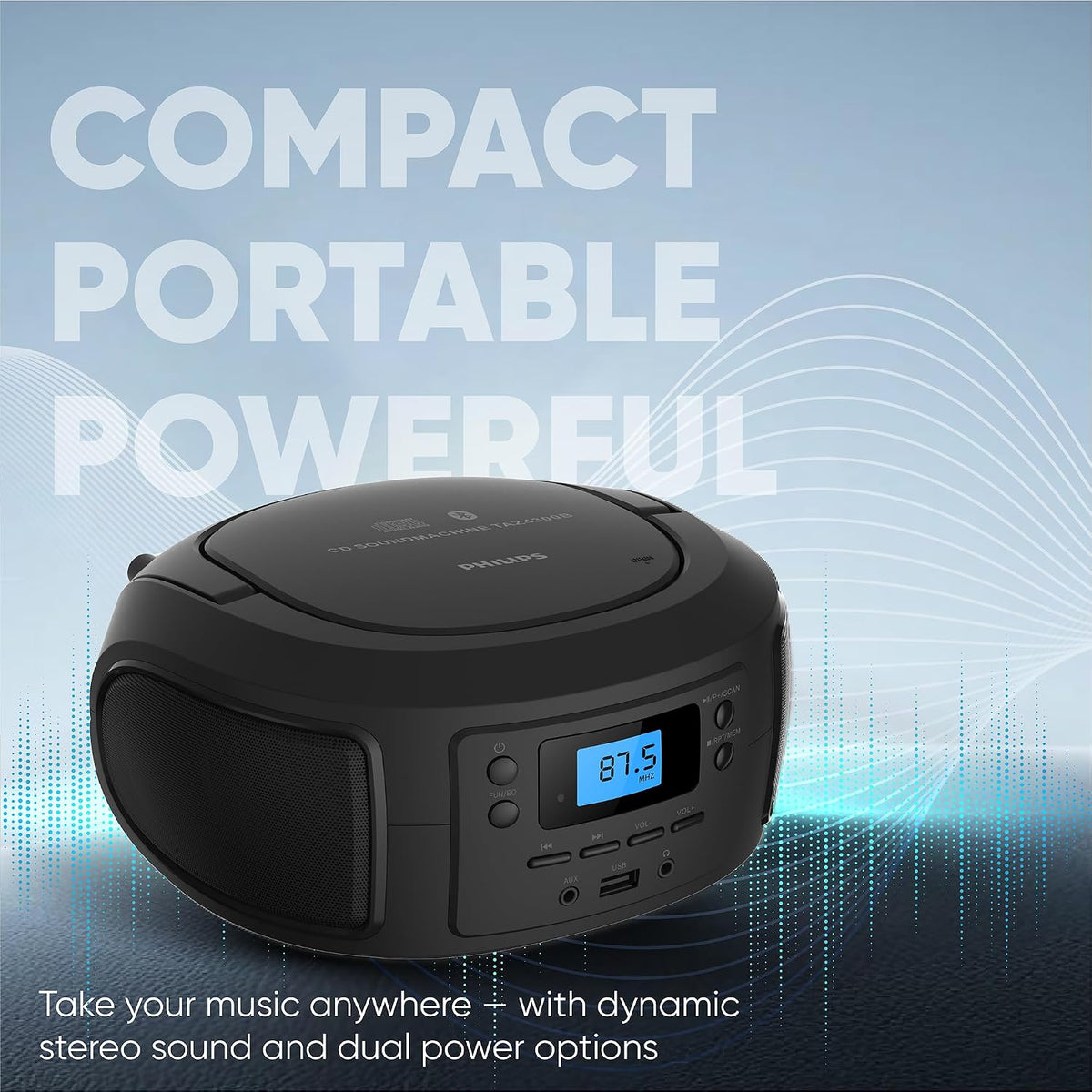 Philips CD Player Portable with Bluetooth, Crystal Clear Sound Top Loading CD Boombox with FM Radio, USB Port & Aux Input, Compact & Lightweight Design,R/CD-RW/MP3 Compatible (Black)