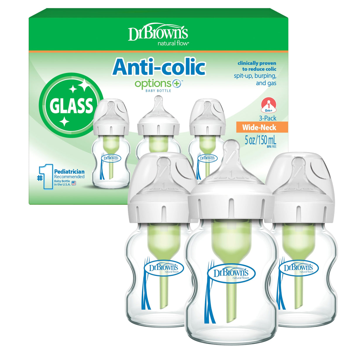 Dr. Brown's Anti-Colic Options+ Wide-Neck Glass Baby Bottle, 5 oz, 1-Pack