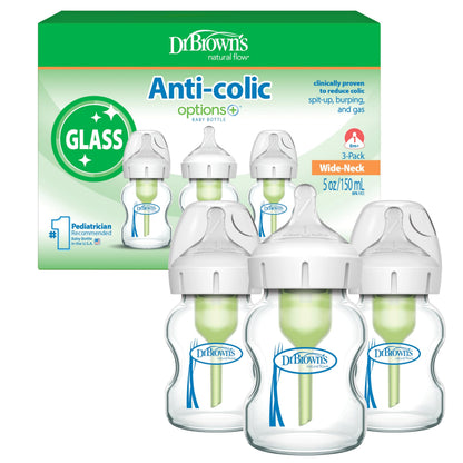 Dr. Brown's Anti-Colic Options+ Wide-Neck Glass Baby Bottle, 5 oz, 1-Pack