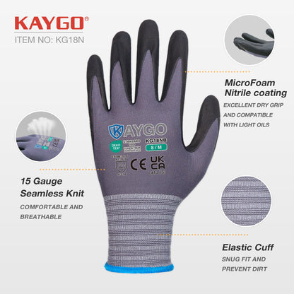 KAYGO Safety Work Gloves MicroFoam Nitrile Coated 12 Pairs, KG18NH