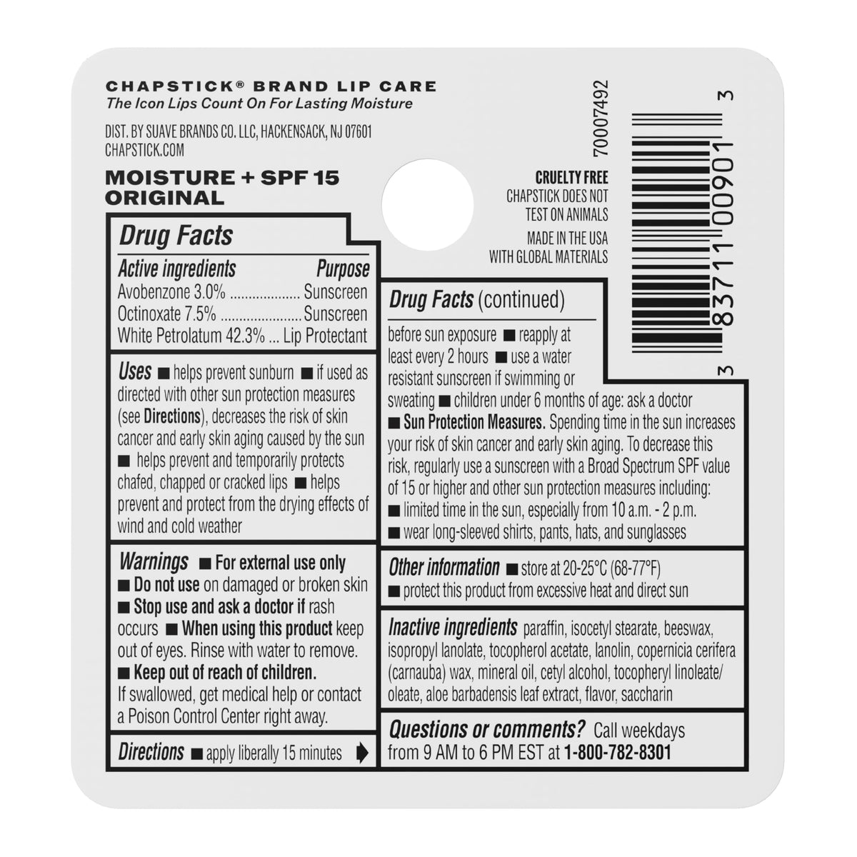 ChapStick Moisturizer Original Lip Balm Tubes, SPF 15 and Skin Protectant - 0.15 Oz (Pack of 3)