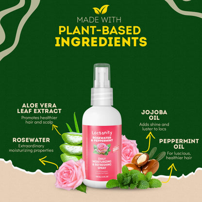 Loc Spray - Locsanity Daily Moisturizing Rosewater & Peppermint Spray for Locs, Dreadlocks - Lightweight Frizz Control Hair & Scalp Moisturizer - Natural Loc Care (8 fl oz)