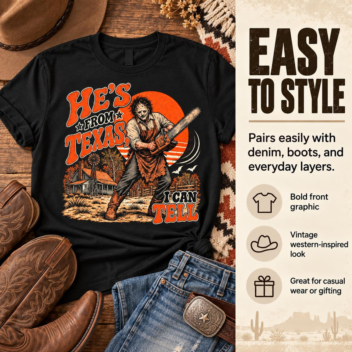 He's from Texas I Can Tell Shirt, Chainsaw Horror Tee, Spooky Season