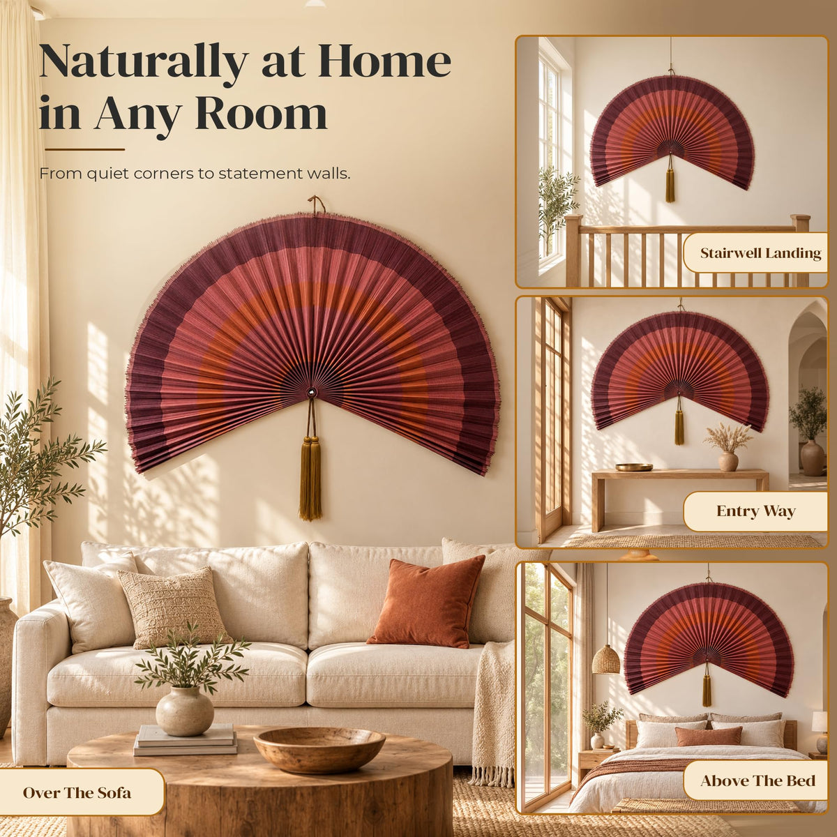ChumDecor Bamboo Fan Wall Decor, Japanese Wall Fan, Red Brown 40 in