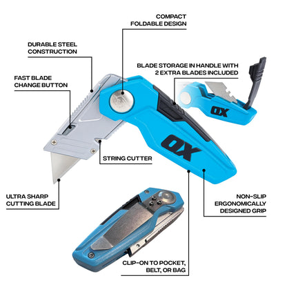 OX TOOLS P224301 Pro Heavy Duty Fixed Blade Folding Knife, Blue / Black