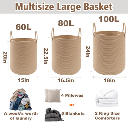 JMvicyroam 80L Nursery Hamper, Cotton Rope Laundry Basket, Brown&Black