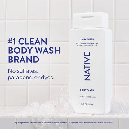 Native Clean Body Wash for Women & Men, Powder & Cotton Scent, 18 fl oz