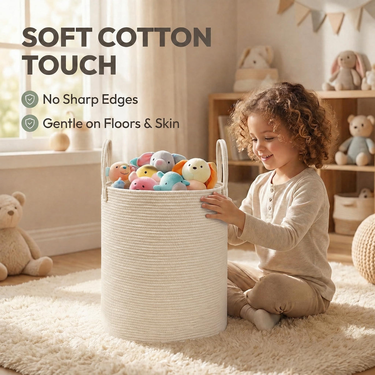 JMvicyroam 80L Nursery Hamper, Cotton Rope Laundry Basket, Brown&Black